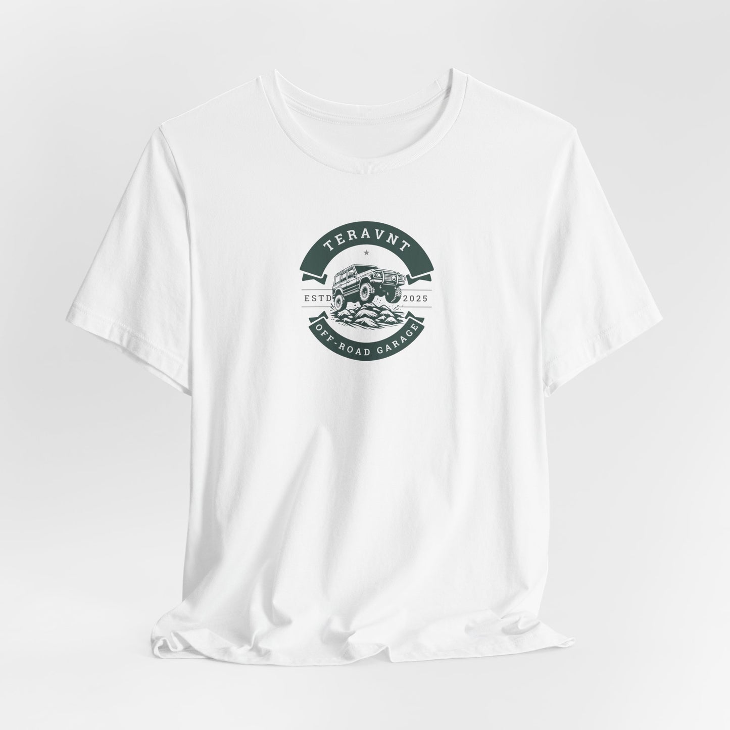 Off-Road Garage. White W/Teal T-Shirt by Teravnt.