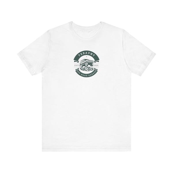 Off-Road Garage. White W/Teal T-Shirt by Teravnt.