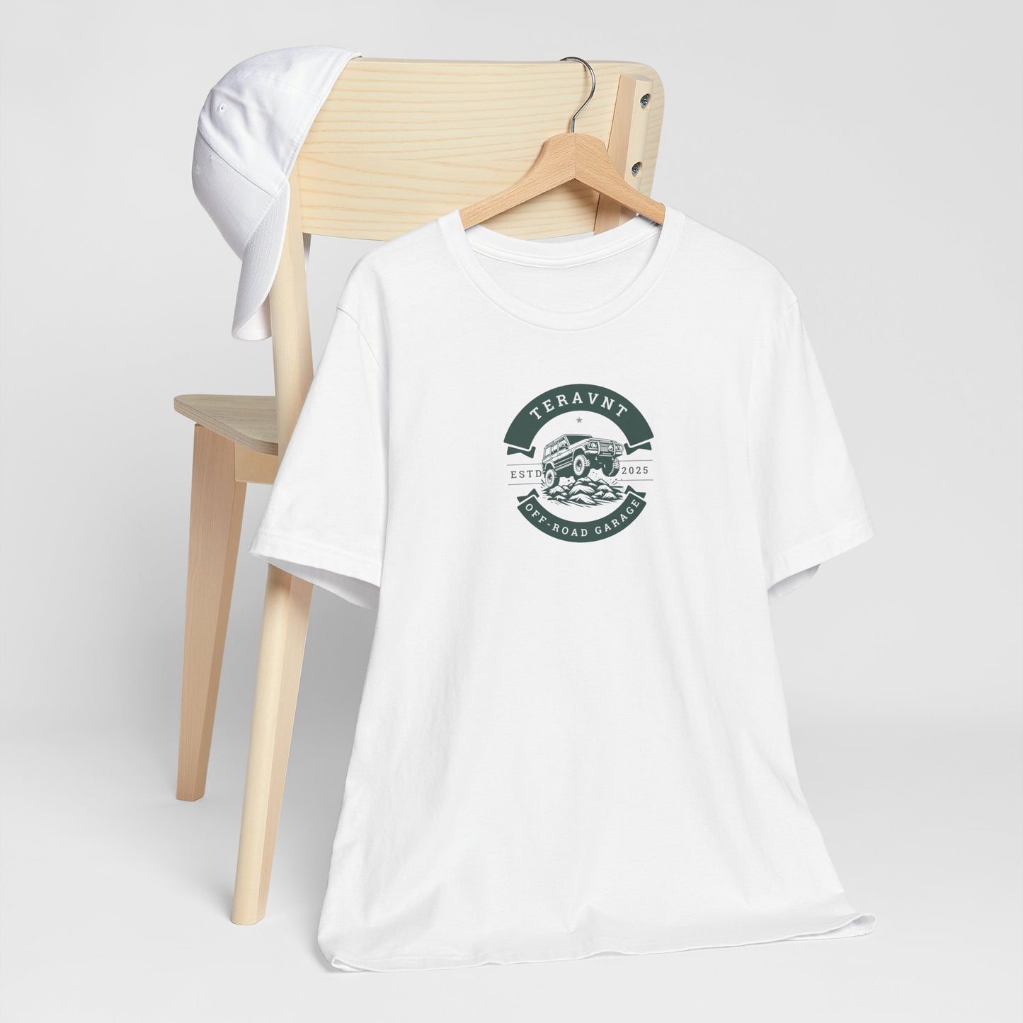 Off-Road Garage. White W/Teal T-Shirt by Teravnt.