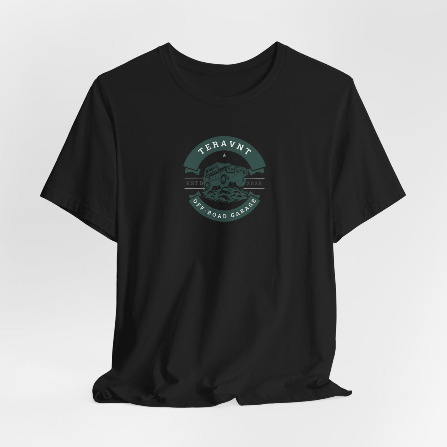Off-Road Garage. Black W/Teal T-Shirt by Teravnt.