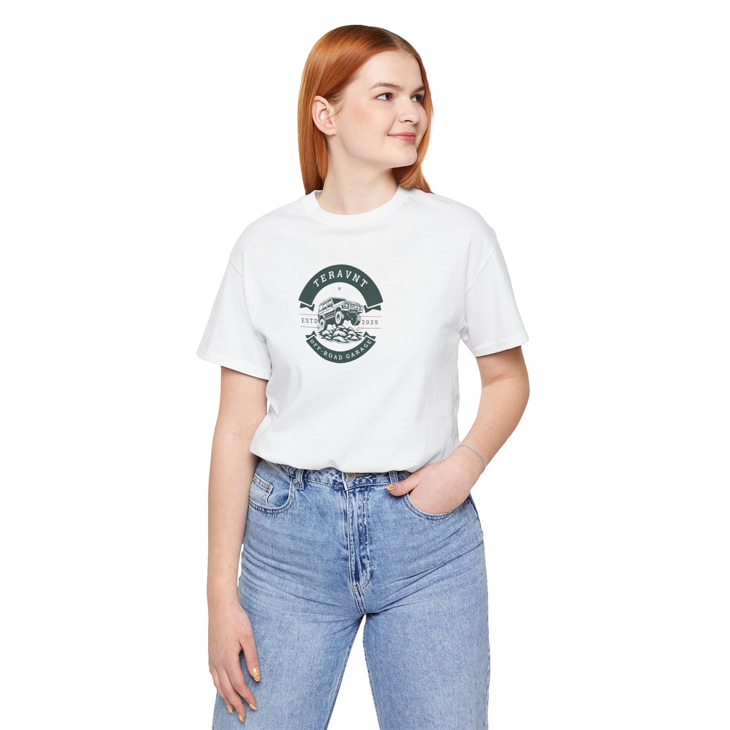 Off-Road Garage. White W/Teal T-Shirt by Teravnt.