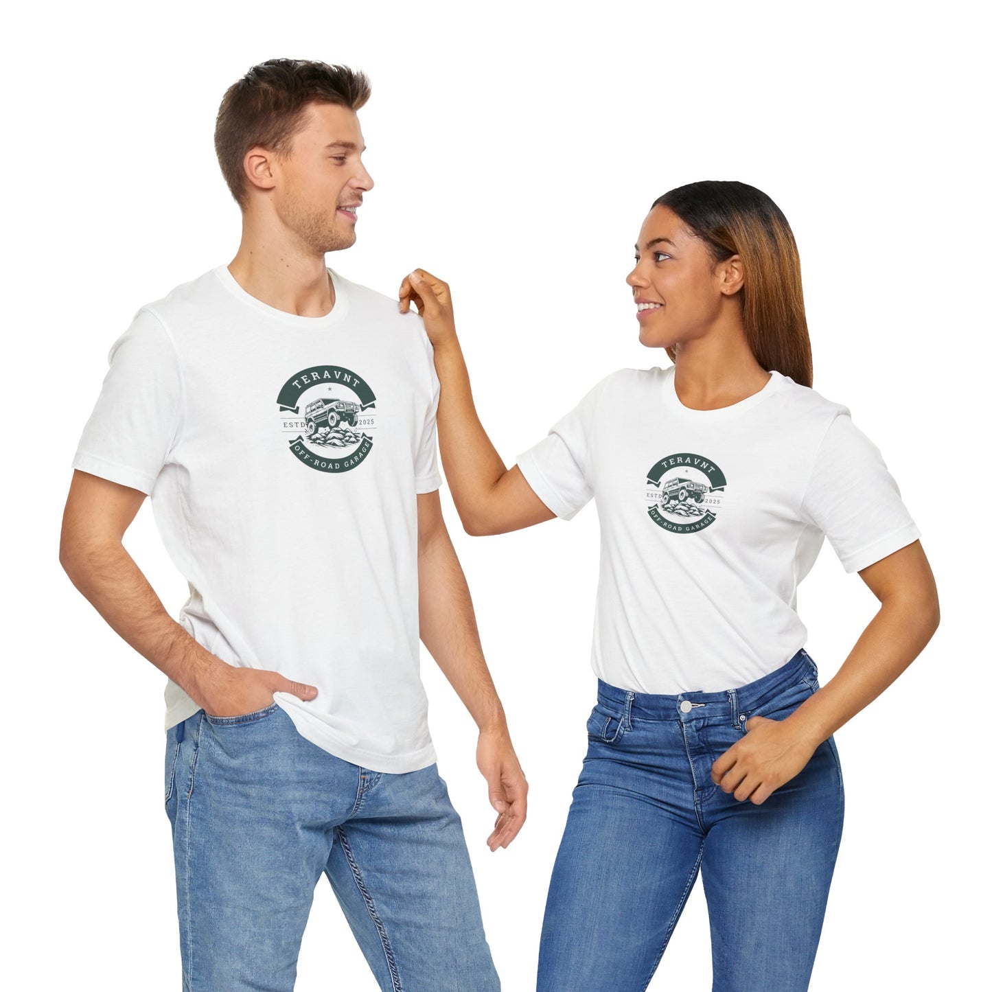 Off-Road Garage. White W/Teal T-Shirt by Teravnt.