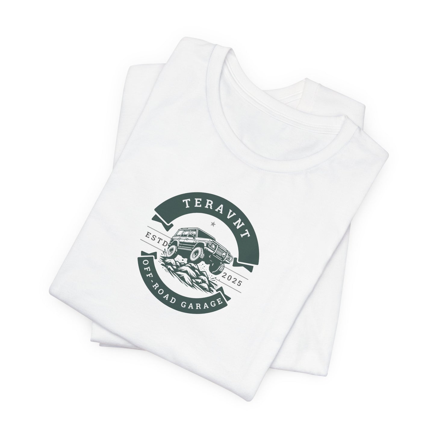 Off-Road Garage. White W/Teal T-Shirt by Teravnt.